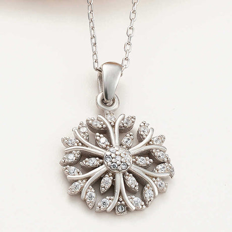 Necklace - Sterling Silver Cubic Zirconia Dazzling Floral Snowflake Pendant