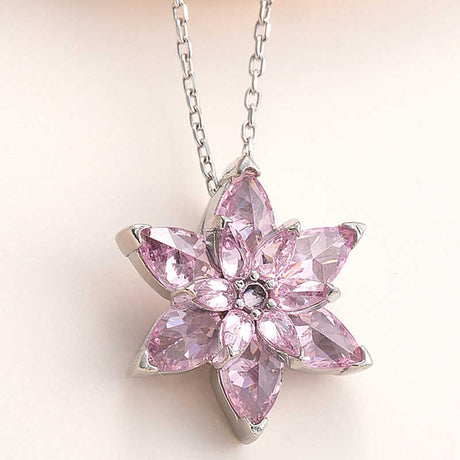 Necklace - Silver-Tone Pink Gemstone Lotus Flower Pendant