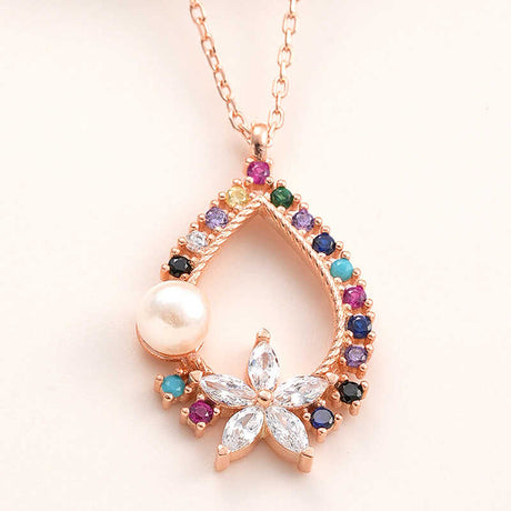 Rose Gold Plated Teardrop Necklace - Pearl & Colorful Zircon Flower
