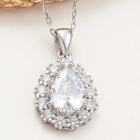 Elegant Teardrop Halo Necklace - Sterling Silver Cubic Zirconia Pendant