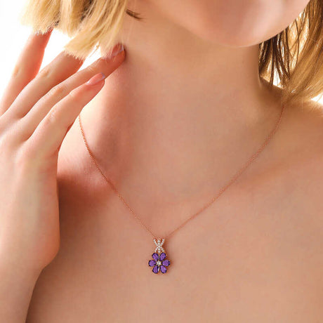 Rose Gold Plated Necklace - Floral Amethyst & Zircon Flower Pendant