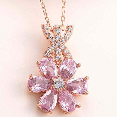 Rose Gold Plated Necklace - Elegant Pink Floral Gemstone Pendant
