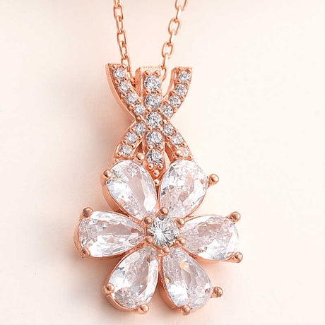 Elegant Floral Pendant Necklace - Rose Gold Tone CZ