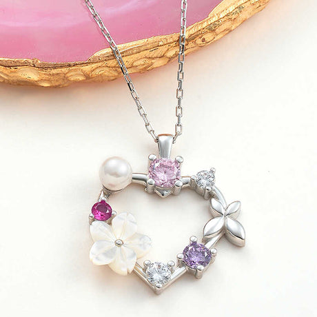 Silver-Tone Multi-Stone & Pearl Floral Heart Pendant Necklace
