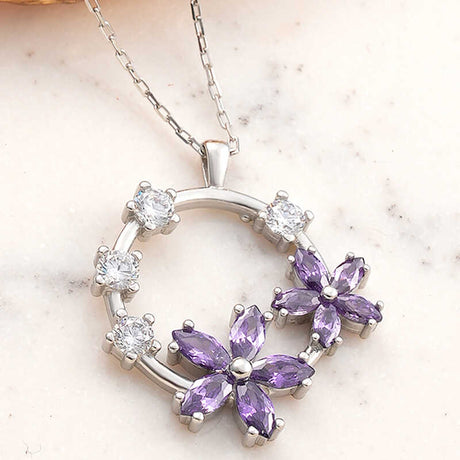 Necklace - Sterling Silver Amethyst & Zirconia Floral Wreath