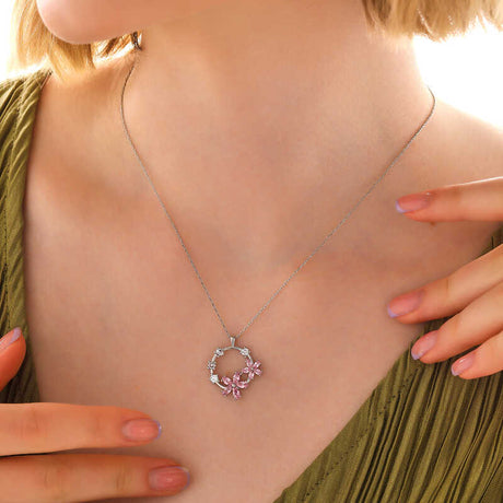 Necklace - Sterling Silver Pink & Clear Floral Wreath Pendant