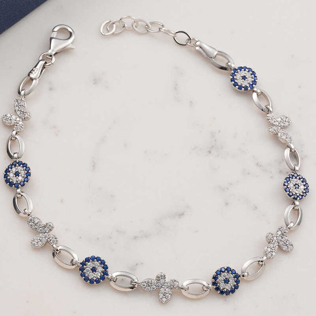 Sterling Silver Butterfly & Evil Eye Bracelet - Dazzling CZ Accents