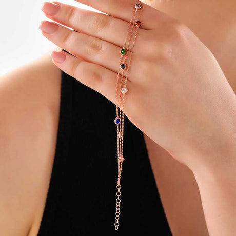 Rose Gold Tone Layered Bracelet - Dainty Colorful Bezel Set Stones