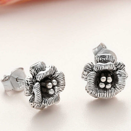 Sterling Silver Rose Flower Stud Earrings - Vintage Charm