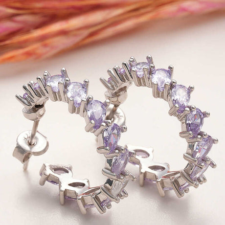 Stud Earrings - Silver-Tone Purple Teardrop Halo Design