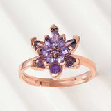 Adjustable Rose Gold Lotus Flower Ring - Purple Crystals