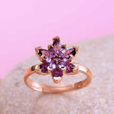 Adjustable Rose Gold Lotus Flower Ring - Purple Crystals