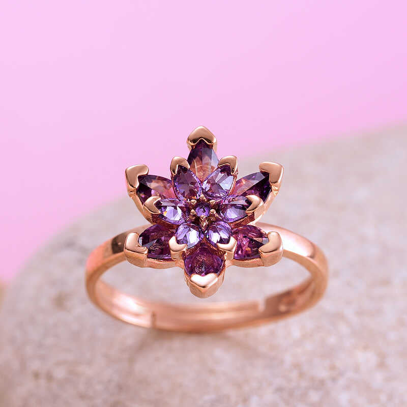Adjustable Rose Gold Lotus Flower Ring - Purple Crystals