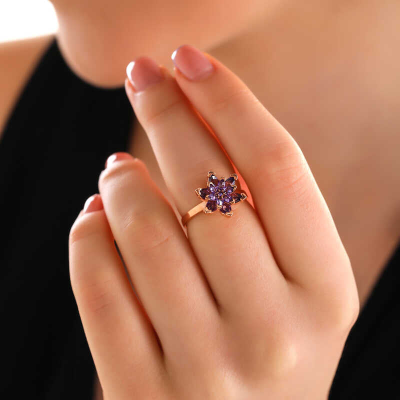 Adjustable Rose Gold Lotus Flower Ring - Purple Crystals