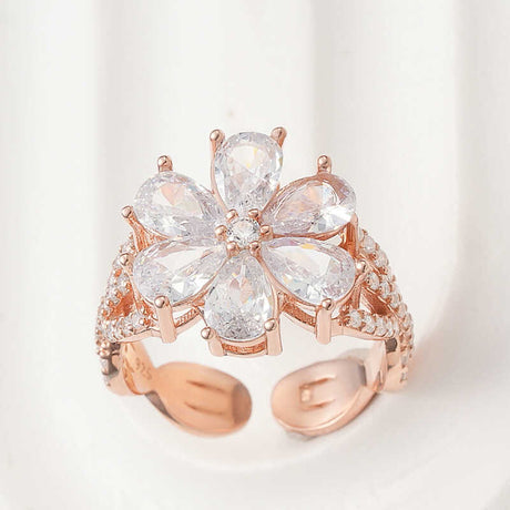 Rose Gold Plated Sterling Silver Adjustable Floral Ring with Zirconia