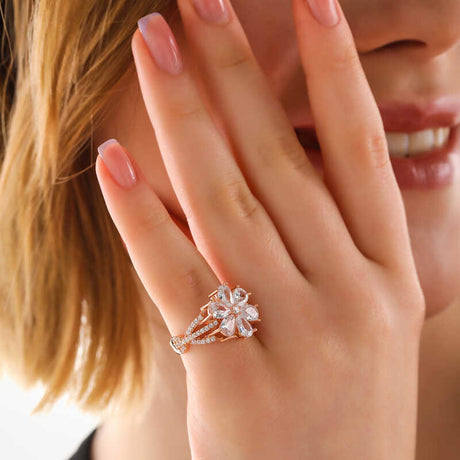 Rose Gold Plated Sterling Silver Adjustable Floral Ring with Zirconia
