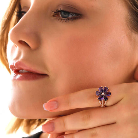 Rose Gold Tone Flower Statement Ring - Purple Gemstones & Diamond Accents