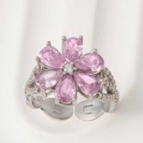 Adjustable Flower Ring - Silver-Tone with Pink Pear & Clear Gemstones