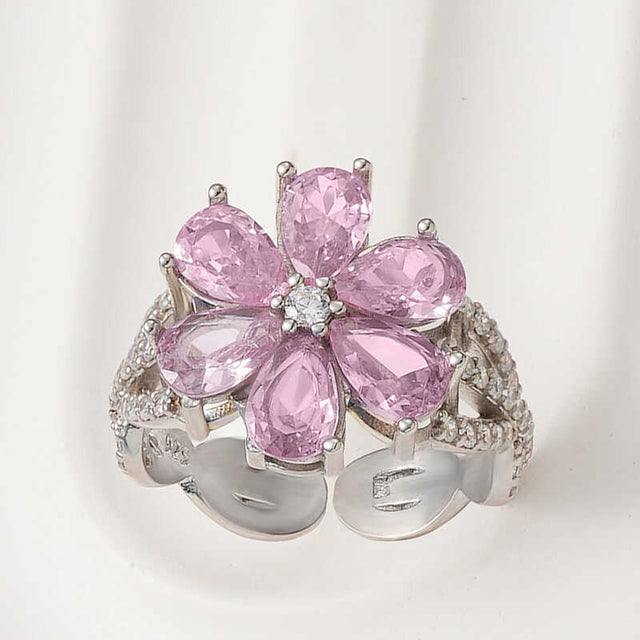 Adjustable Flower Ring - Silver-Tone with Pink Pear & Clear Gemstones