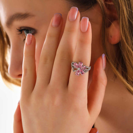 Adjustable Flower Ring - Silver-Tone with Pink Pear & Clear Gemstones