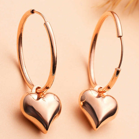 Rose Gold-Tone Hoop Earrings - Dainty Heart Charm Dangle