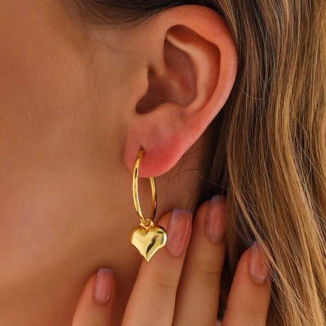 Gold Plated Sterling Silver Hoop Earrings - Dainty Puffed Heart Dangles