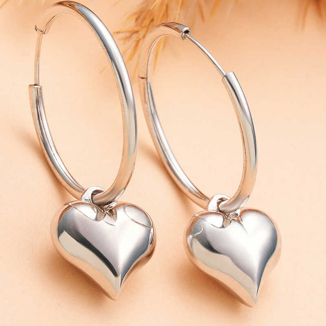 Sterling Silver Hoop Earrings - Polished Puffy Heart Dangle Style