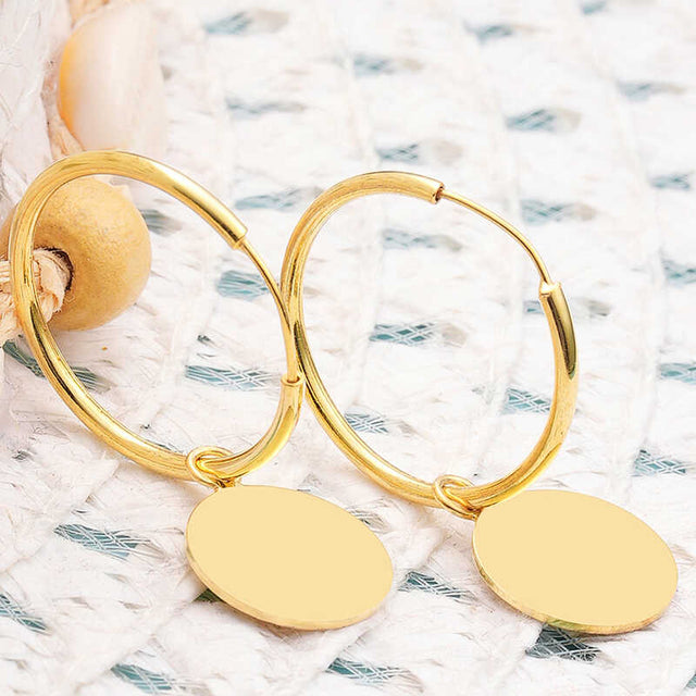 Gold-Tone Hoop Earrings - Minimalist Disc Charm Drop