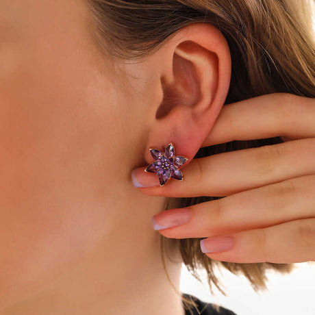 Elegant Rose Gold-Tone Purple Gemstone Lotus Flower Stud Earrings