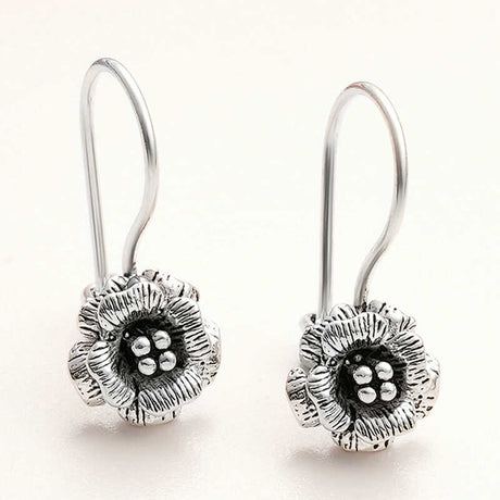 Drop Earrings - Silver-Tone Oxidized Floral Rose Design
