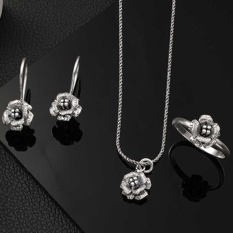 Sterling Silver Floral Jewelry Set - Elegant Rose Design