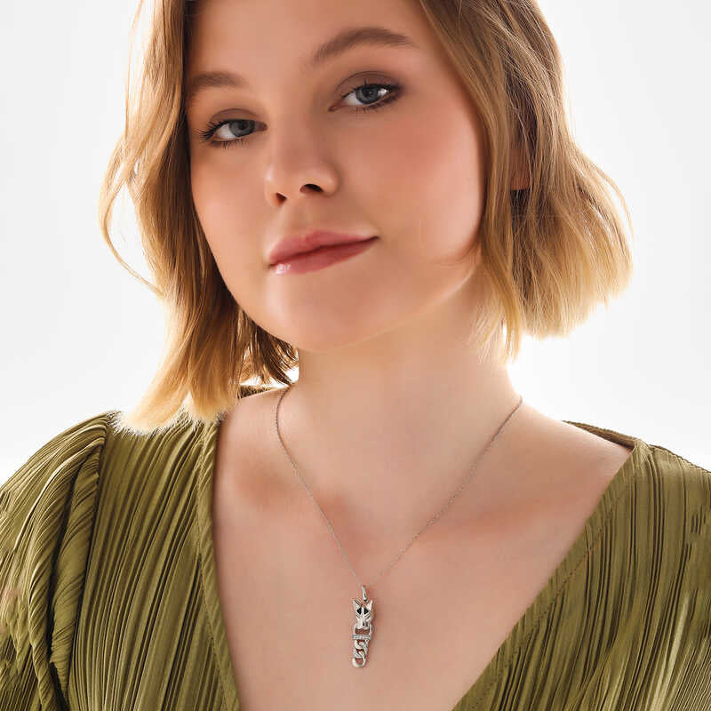 Sterling Silver Tiger Head & Chain Link Necklace with Pave Accents