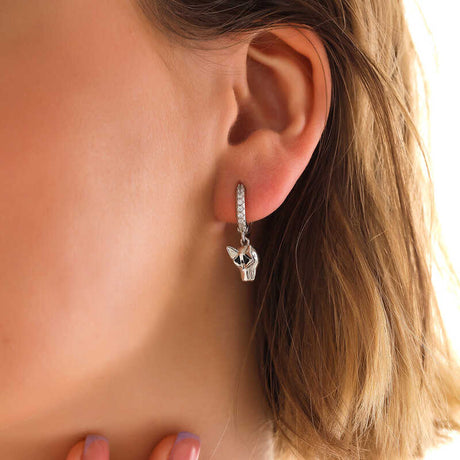 Hoop Earrings - Sterling Silver Pave CZ Fox Head Charm