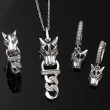 Silver-Tone Wolf Head Statement Jewelry Set with Clear Stones