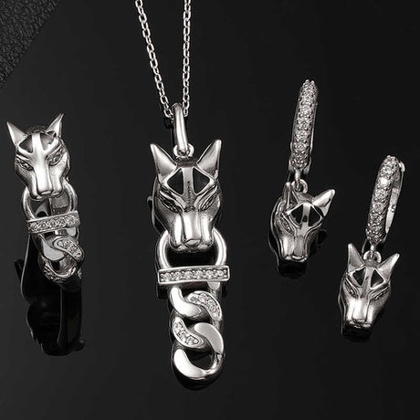Silver-Tone Wolf Head Statement Jewelry Set with Clear Stones