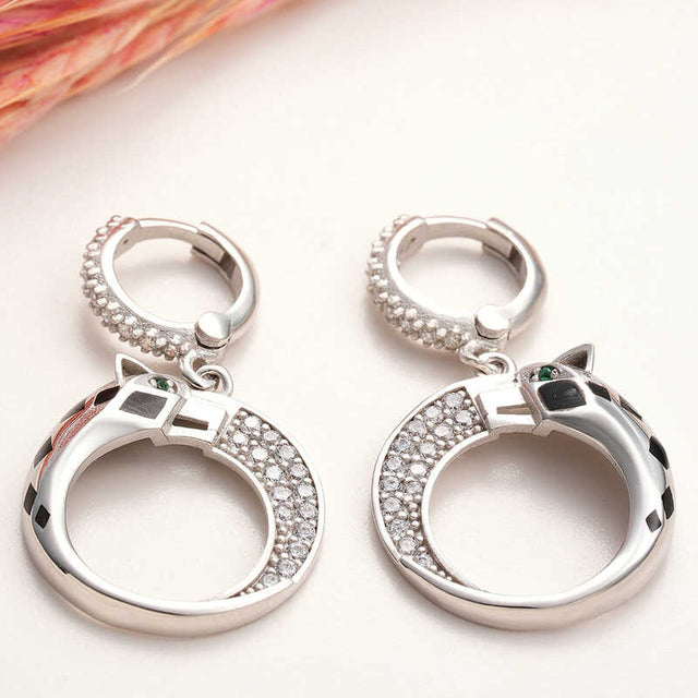 Sterling Silver Pave CZ Tiger Hoop Dangle Earrings
