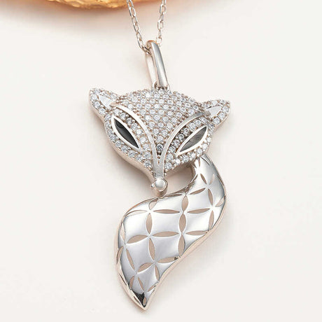 Sterling Silver Cubic Zirconia Fox Pendant Necklace - Elegant Animal Design
