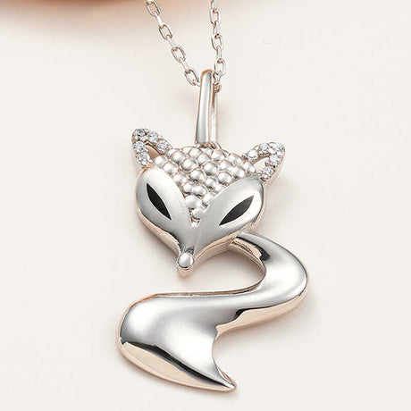 Sterling Silver Fox Necklace - Dainty Zirconia Animal Pendant