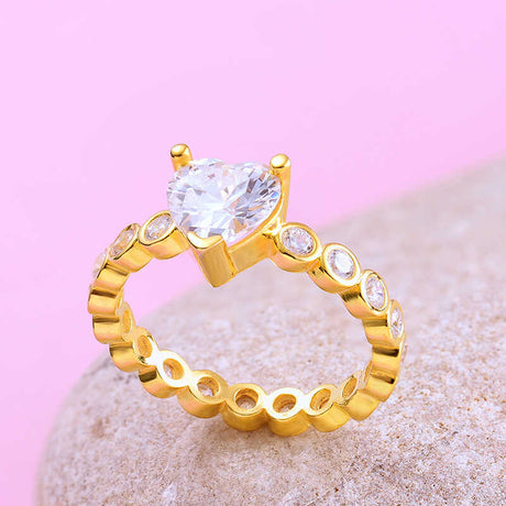 Gold-Tone Heart Solitaire Ring - Cubic Zirconia Eternity Style Band