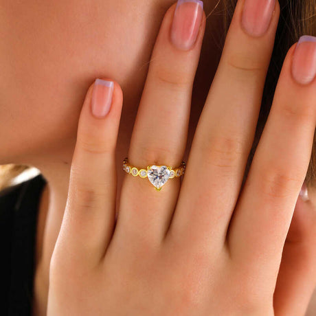 Gold-Tone Heart Solitaire Ring - Cubic Zirconia Eternity Style Band