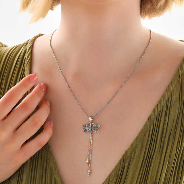 Sterling Silver Filigree Dragonfly Dangle Necklace