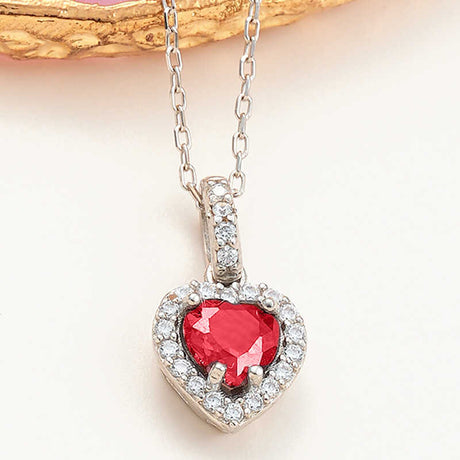 Sterling Silver Heart Necklace - Red Gemstone & Dainty Halo