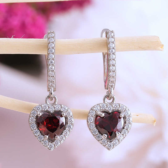 Sterling Silver Red Garnet Heart Halo Drop Earrings