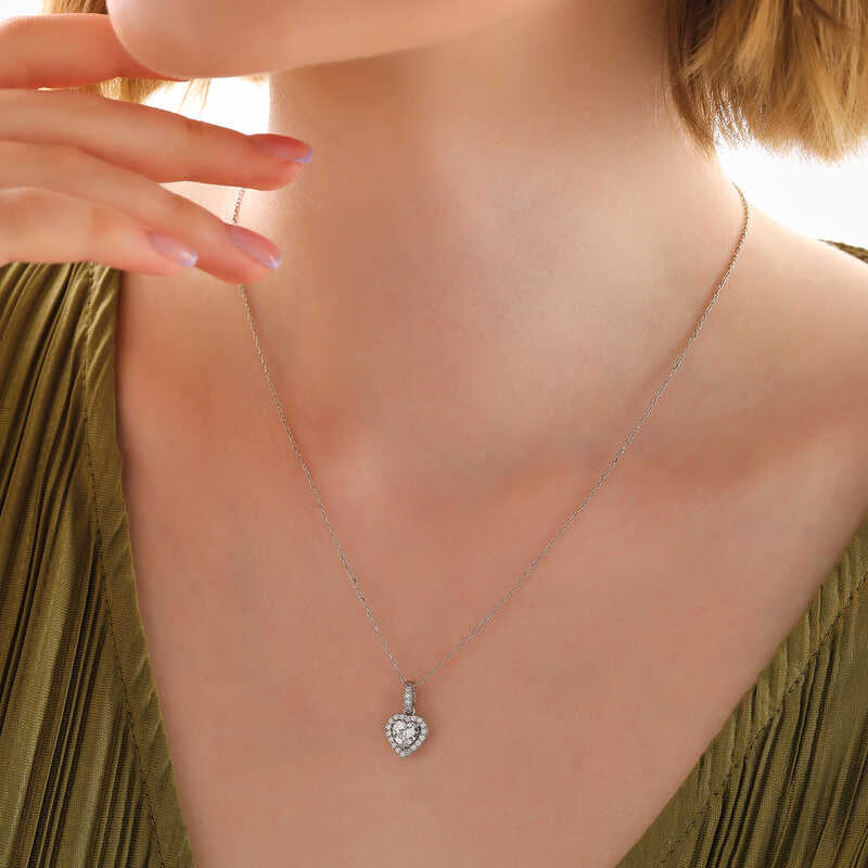Necklace - Silver-Tone Heart Halo Pendant with Cubic Zirconia