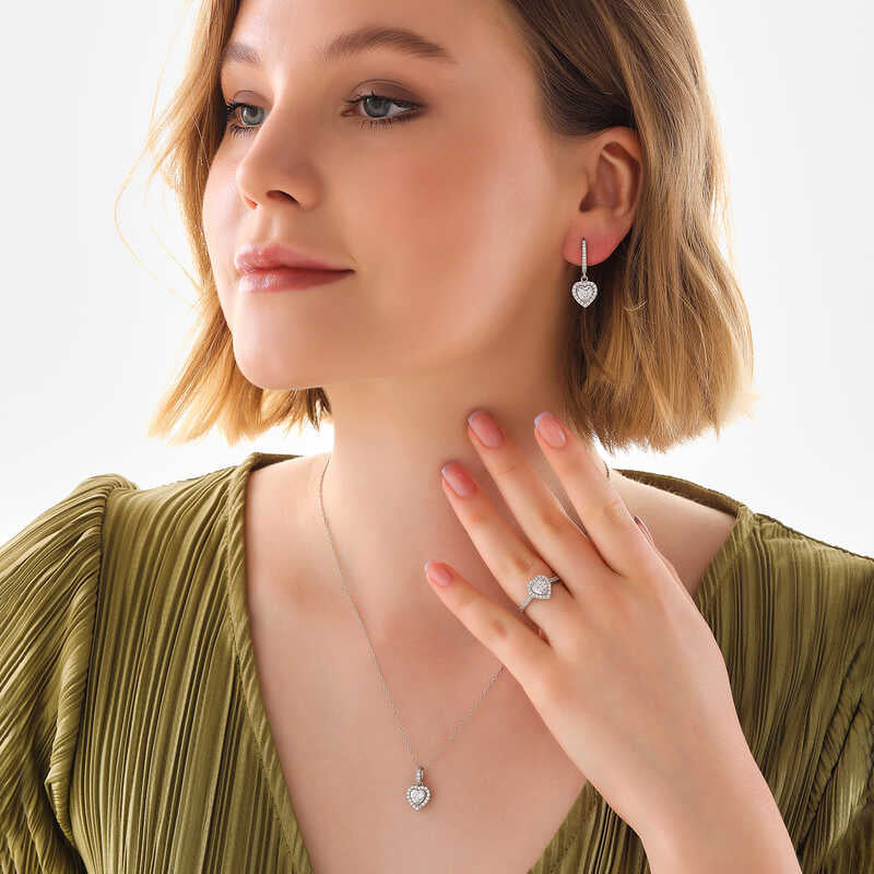 Sterling Silver Heart Halo Jewelry Set - Dazzling Zirconia Stones