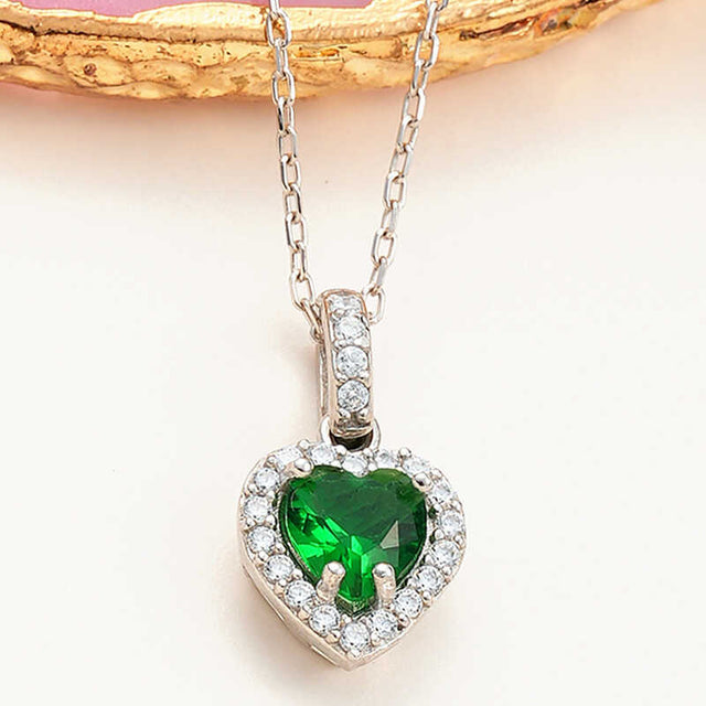 Sterling Silver Green Heart Halo Pendant Necklace - Dainty & Elegant