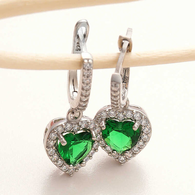 Sterling Silver Heart Halo Hoop Earrings - Green Gemstone & CZ