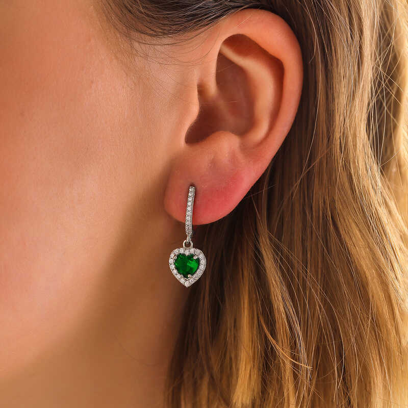 Sterling Silver Heart Halo Hoop Earrings - Green Gemstone & CZ