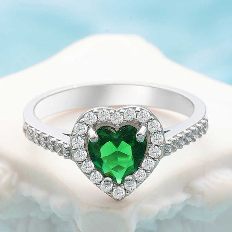 Sterling Silver Emerald Green Heart Halo Ring with Pave Accents