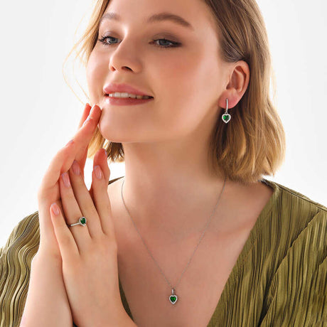 Elegant Sterling Silver Emerald Heart Halo Necklace, Ring & Earrings Set